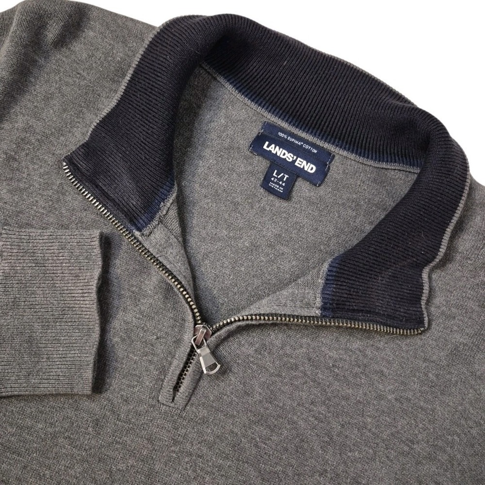 Lands' End Sweater Mens Large Tall Gray Supima Cotton 1/4 Zip Pullover Preppy